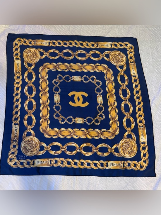 CHANEL Accessories - Authentic CHANEL Chain Print Silk Scarf Navy Blue Gold CC Logo Rue Cambon Paris